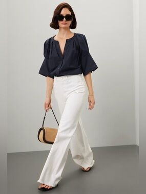 A.L.C. Navy Puff-Sleeve Button Front Blouse